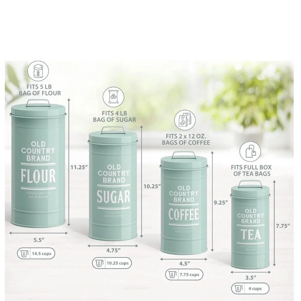 Turquoise Metal Farmhouse Canister Set Flour Sugar Coffee Tea 4 Piece